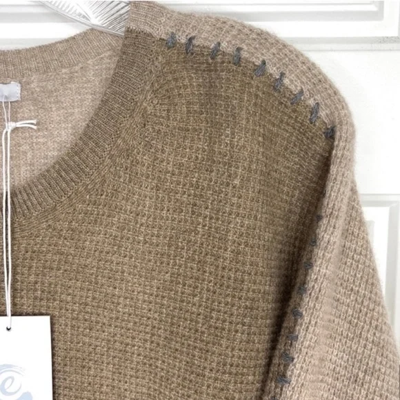 JOHNNY WAS CALME 100% Cashmere NEW Color Block Waffle Sweater Taupe Tan Size L
